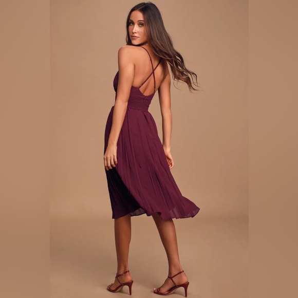 Lulus Burgundy Pleated Midi Dress - Picture 2 of 8
